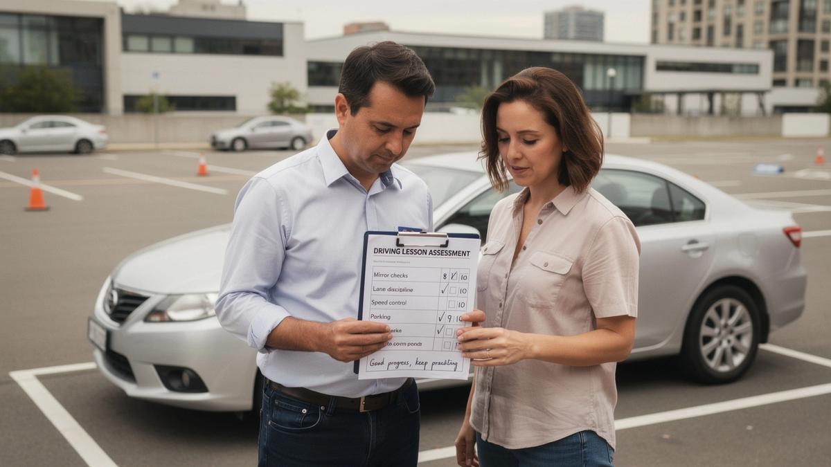 Instructor and driver reviewing a scored assessment sheet beside a car in a Kyiv studio bay.